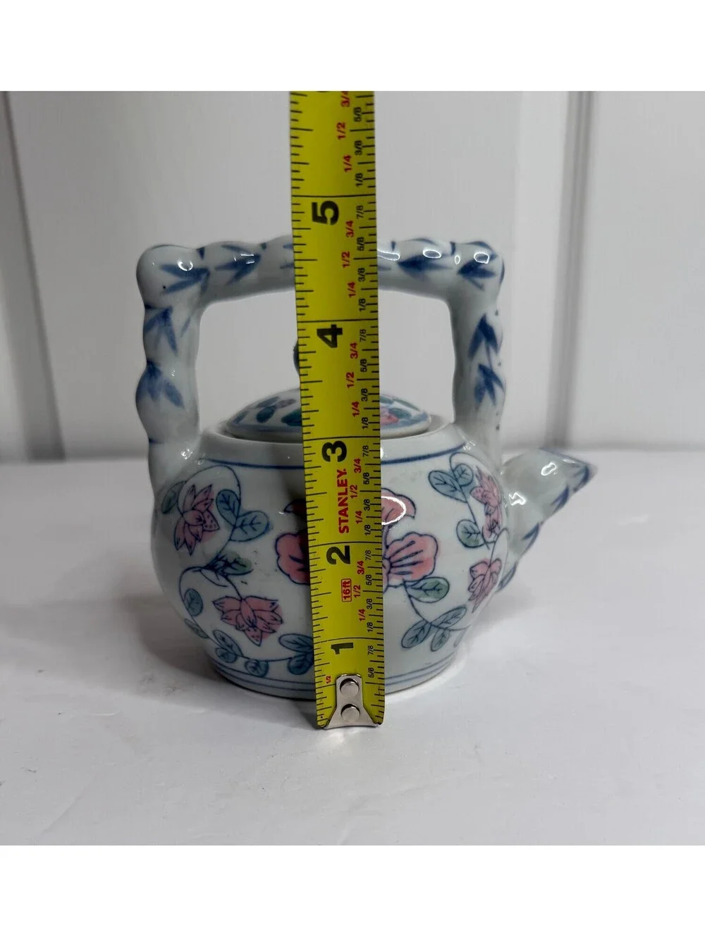Vintage Asian Style Floral Porcelain Teapot Bamboo Style Handle